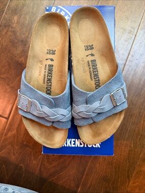 Birkenstock Oita Braided Suede Slide Sandals in Elemental Blue